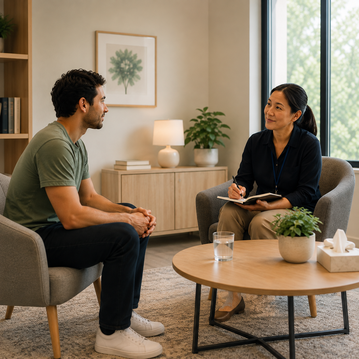 Mental health care planning conversation Clinician and patient discussing mental health care planning in a calm private setting