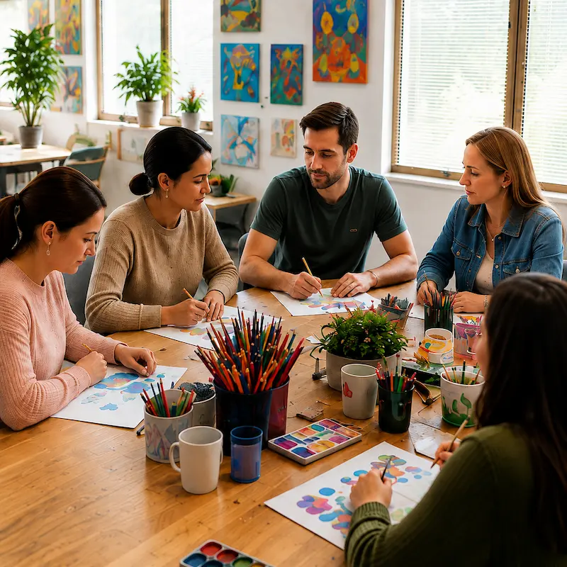 People taking part in a therapeutic group art activity, targetting depression treatment in Melbourne