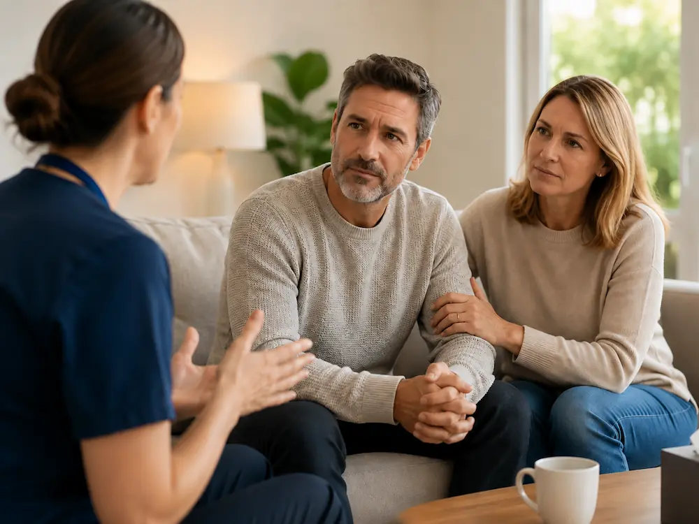 Family and Carer Support for Depression | Essendon Private Clinic Two adults speaking with a mental health professional during a supportive consultation to focus on depression treatment in Melbourne
