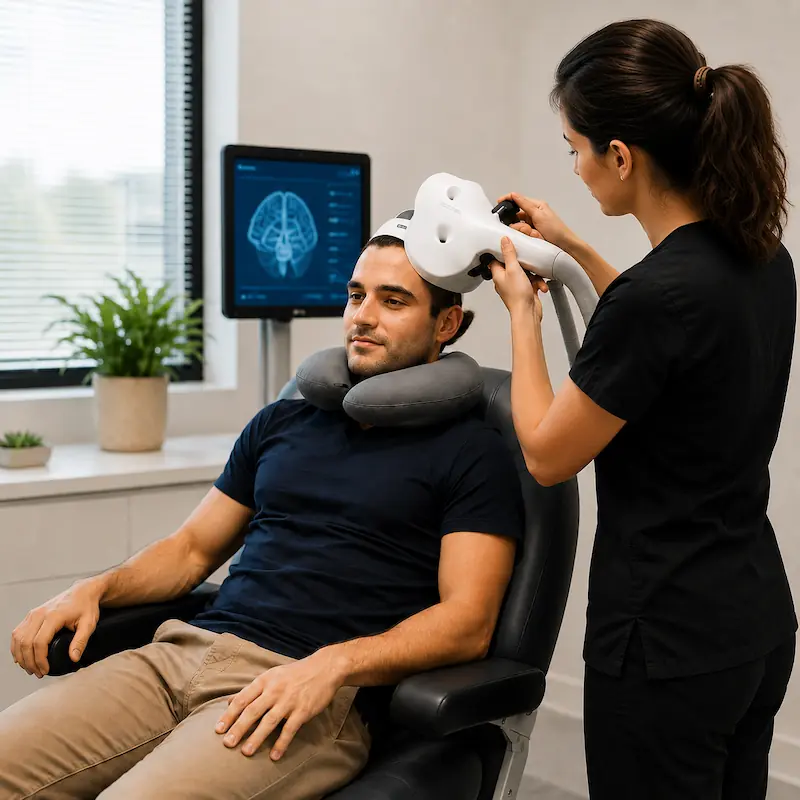 Patient receiving TMS treatment with a healthcare professional in order to target depression treatment in Melbourne