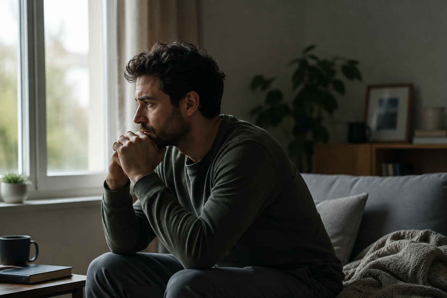 What Depression Can Feel Like | Essendon Private Clinic Man sitting thoughtfully by a window in a quiet room, thinking about depression treatment in Melbourne