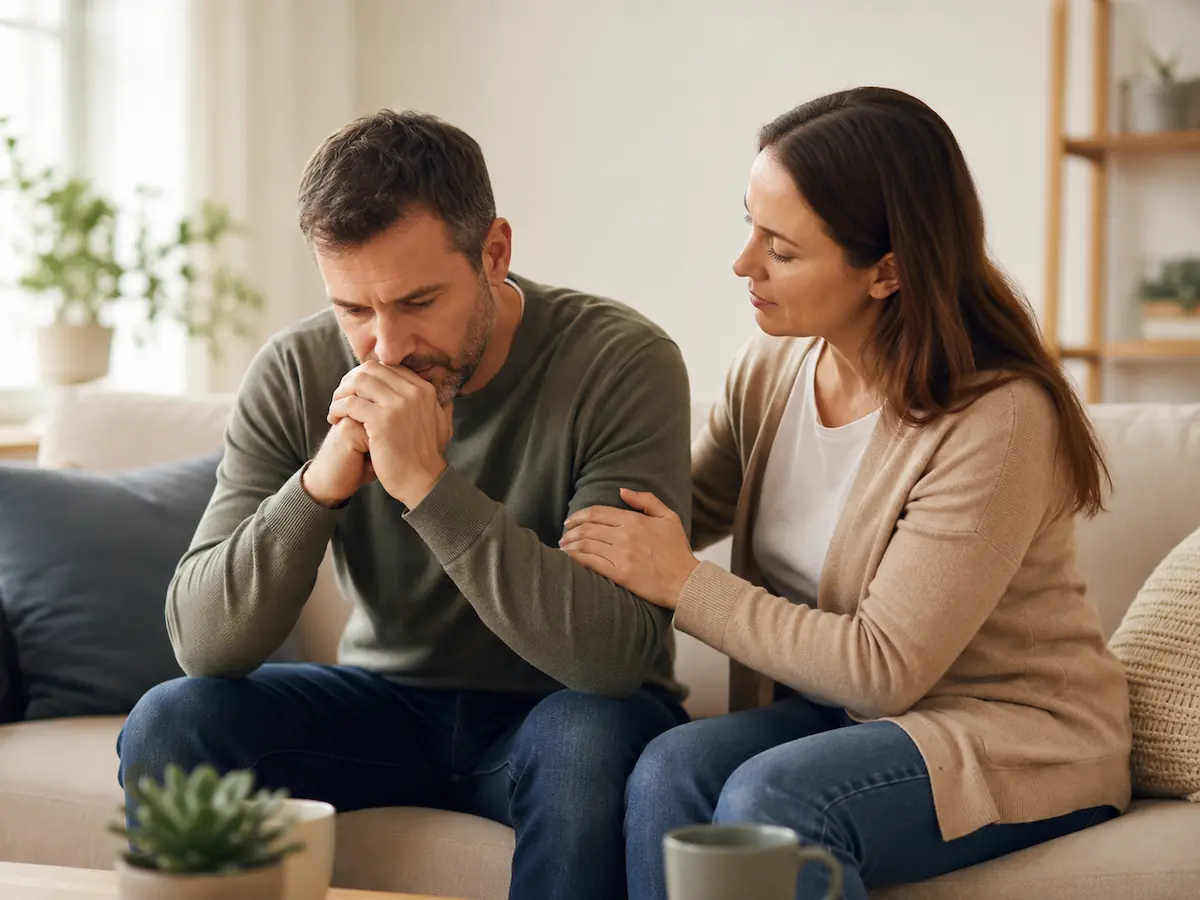 supportive partner beside concerned man Woman supporting a man who appears worried at home