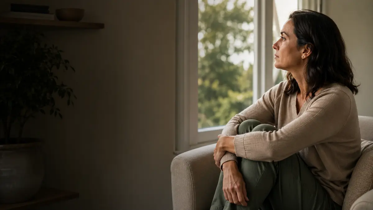 Woman sitting thoughtfully at home while considering her treatment options
