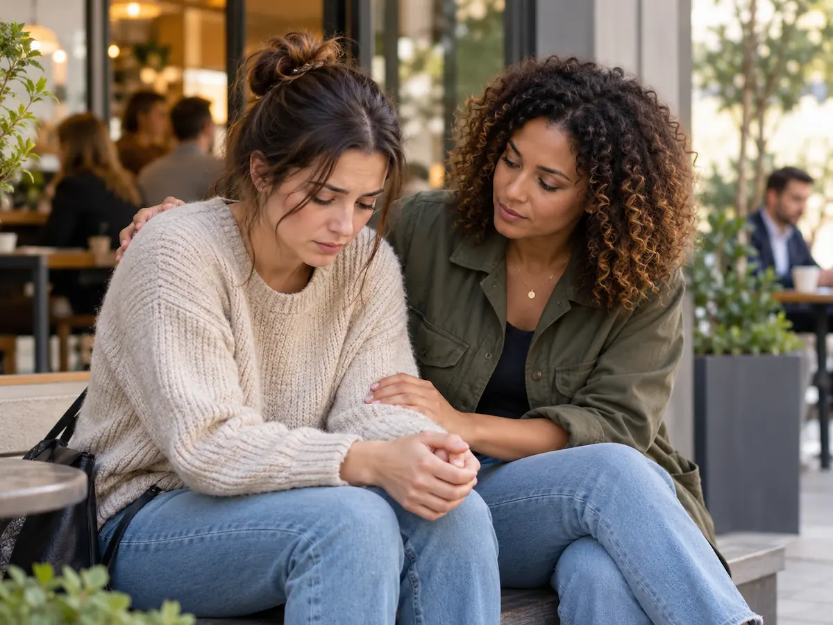 Friend supporting a woman experiencing social anxiety in a busy social setting, representing support at Essendon Private Clinic.