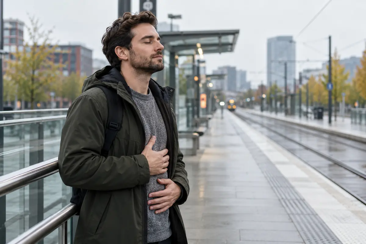 Man pausing and breathing calmly at a public transport stop