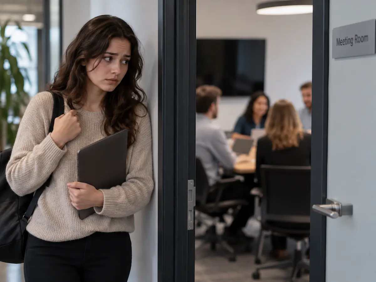 Woman feeling anxious outside a workplace meeting, representing social anxiety at work and treatment at Essendon Private Clinic.