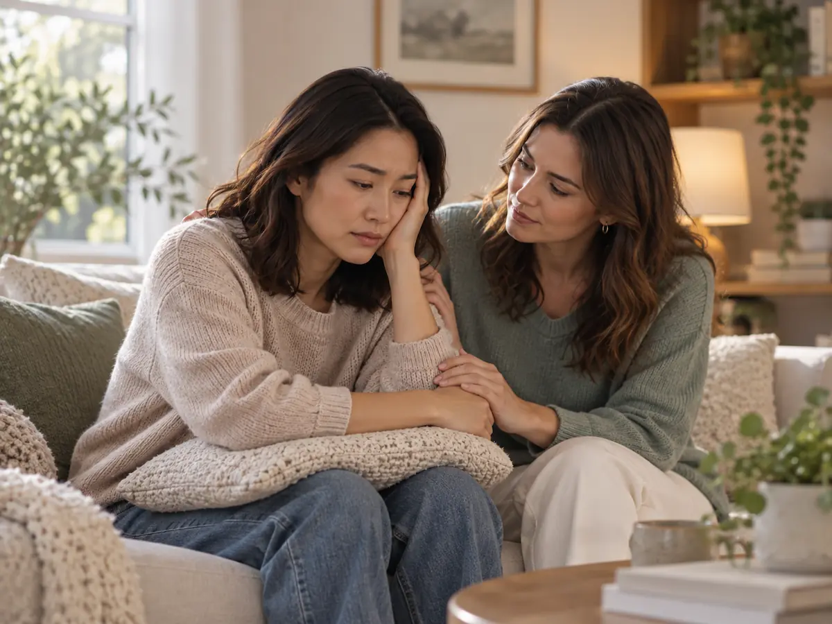 Woman receiving support from a friend, representing family and carer support for OCD treatment at Essendon Private Clinic.